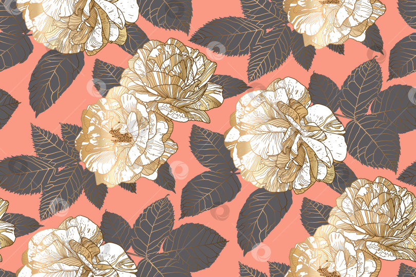 Скачать Бесшовный роскошный узор с белыми и золотыми розами и серыми листьями на персиково-розовом фоне фотосток Ozero