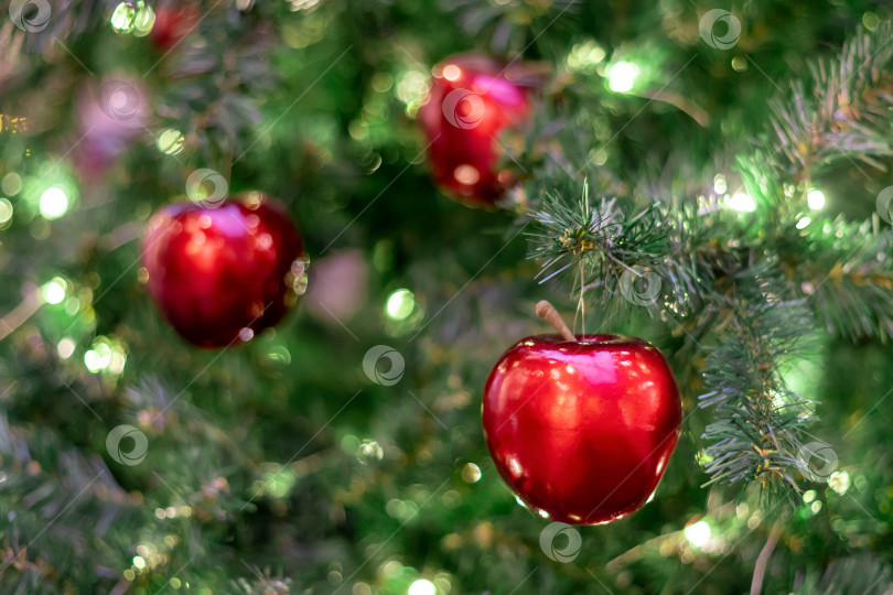 Скачать Рождественская елка, украшенная красными яблоками. Открытка. Поздравление фотосток Ozero