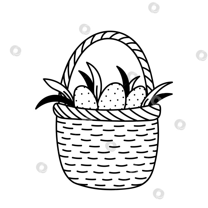 Скачать Плетеная корзина с пасхальными яйцами, выделенными на белом фоне. Векторная рисованная иллюстрация в стиле каракулей. Подходит для пасхальных рисунков, открыток, украшений. фотосток Ozero