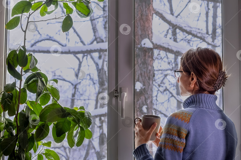 Скачать Женщина в синем свитере и очках у окна со снежным пейзажем пьет чай и смотрит вдаль, наслаждаясь одиночеством и думая о грядущем новом году. фотосток Ozero