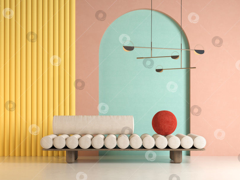 Скачать Концептуальный интерьер комнаты в стиле Мемфиса 3d иллюстрация фотосток Ozero