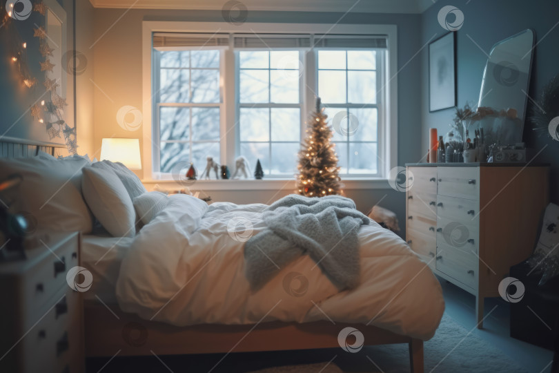 Скачать Рождественское украшение в уютном интерьере спальни фотосток Ozero