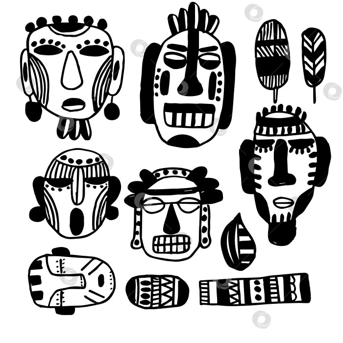 Скачать Векторный набор элементов каракулевой маски - тотемов индейцев. Религиозные обычаи и ритуалы. Племена и народы. фотосток Ozero