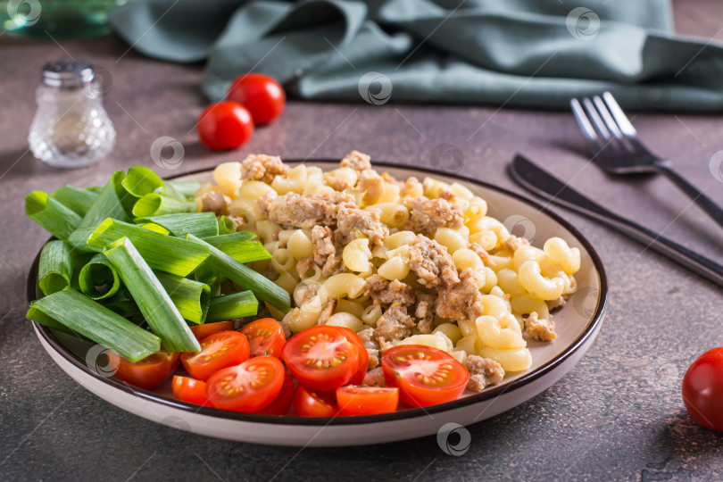 Скачать Макароны с мясным фаршем, помидорами и зеленым луком на тарелке на фотосток Ozero