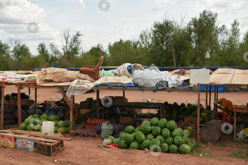 Скачать Россия, Волгоградская область, Россия - 1 сентября 2015 года. Уличный рынок на трассе по продаже арбузов и различных овощей фотосток Ozero