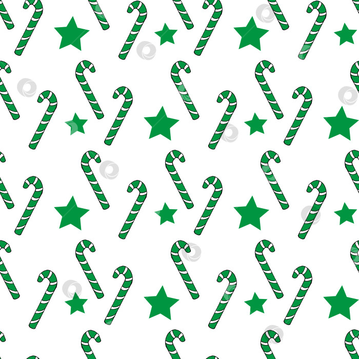 Скачать Бесшовный узор с рождественскими конфетами и зелеными звездами на белом фоне. Векторное изображение. фотосток Ozero