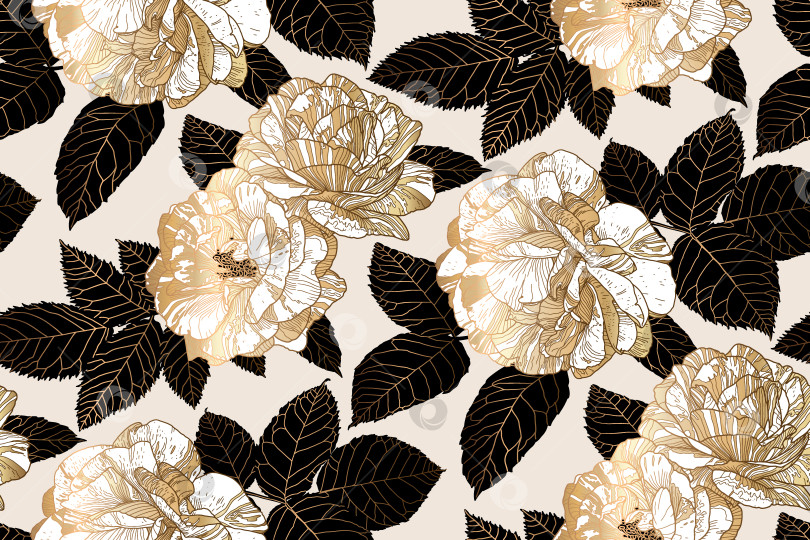Скачать Бесшовный роскошный узор с белыми и золотыми розами и черными листьями на кремовом фоне фотосток Ozero
