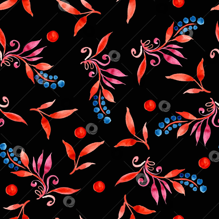 Скачать цветочный акварельный бесшовный узор с листьями и ягодами красного и синего цветов фотосток Ozero