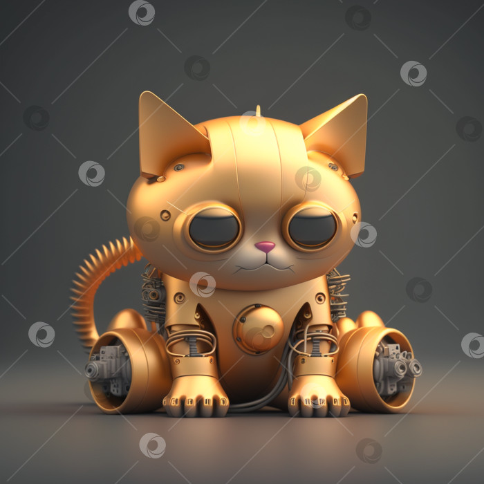 Скачать Симпатичный маленький роботизированный кот, выполненный из желтого металла на сером фоне, сидит, опустив голову фотосток Ozero