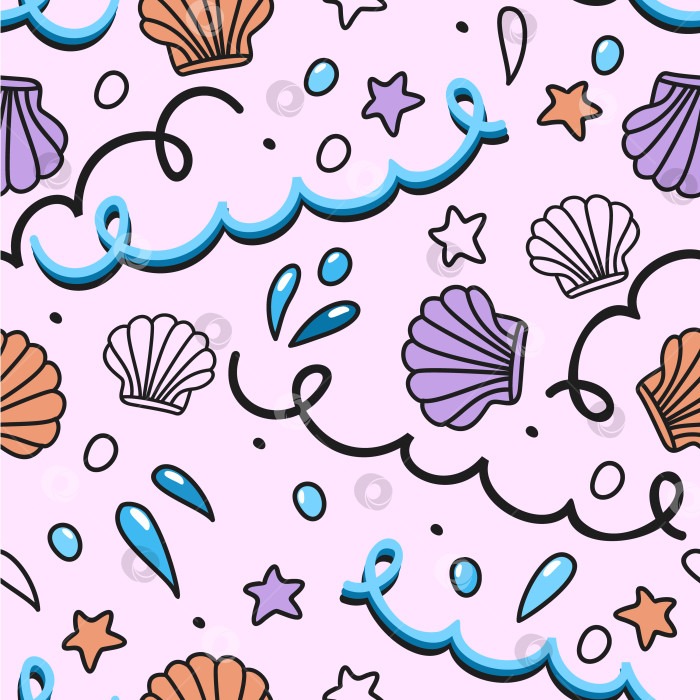 Скачать Векторный симпатичный бесшовный узор с волнами, ракушками, морскими звездами и каплями воды на нежно-розовом фоне. фотосток Ozero