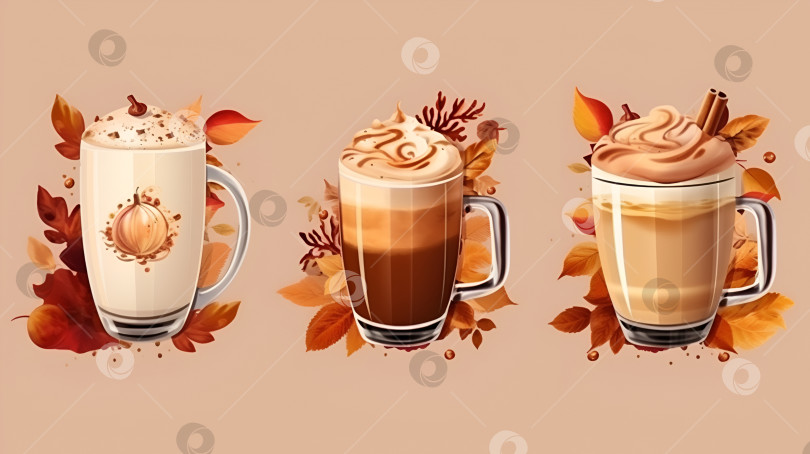 Скачать Иллюстрация набора различных осенних или зимних горячих кофейных напитков. Нарисованный сорт чашек с капучино, тыквенным латте, горячим шоколадом, какао на фоне осенних цветов. Концепция сезонного меню. Порождающий искусственный интеллект фотосток Ozero