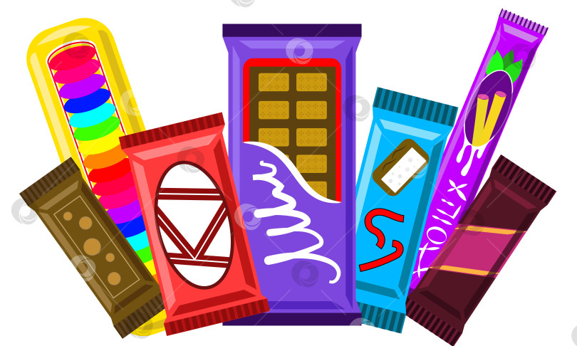 Скачать Пакеты с разными сладостями. Разные по цвету и форме упаковки. Шоколадные плитки. Яркая упаковка. фотосток Ozero