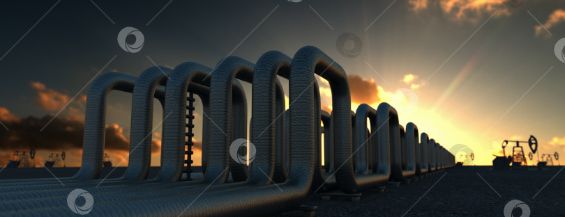 Скачать стальные длинные трубы на заводе по производству сырой нефти во время захода солнца. 3d-иллюстрация фотосток Ozero