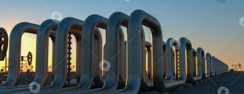 Скачать стальные длинные трубы на заводе по производству сырой нефти во время захода солнца. 3d-иллюстрация фотосток Ozero