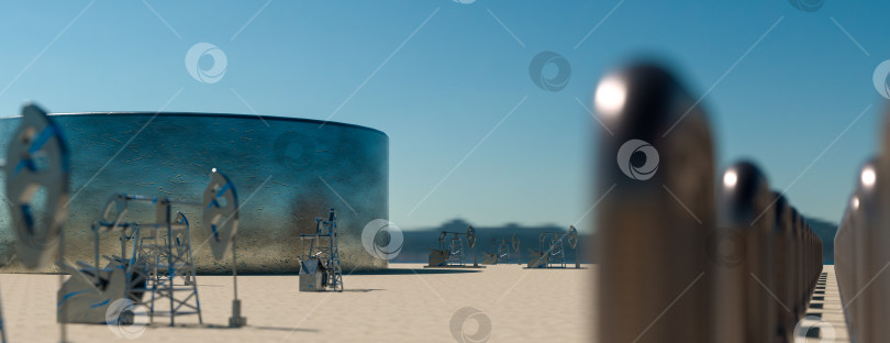 Скачать Стальные длинные трубы на заводе по производству сырой нефти во время захода солнца. 3d рендеринг фотосток Ozero