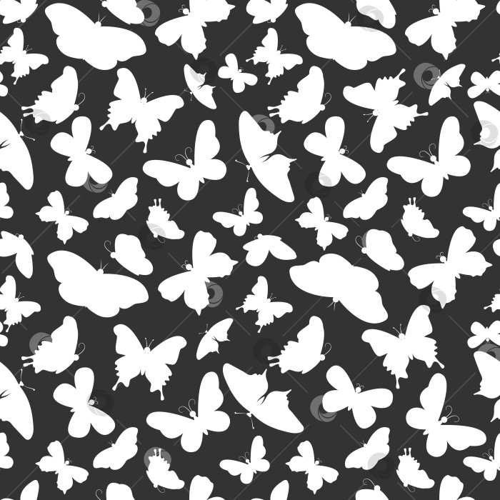 Скачать Черно-белый простой бесшовный узор с силуэтами бабочек. фотосток Ozero