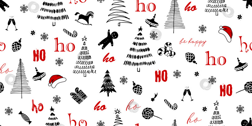 Скачать Рождественский бесшовный узор с текстом "хо-хо-хо", рождественскими елками, снежинками, подарками и конфетами фотосток Ozero