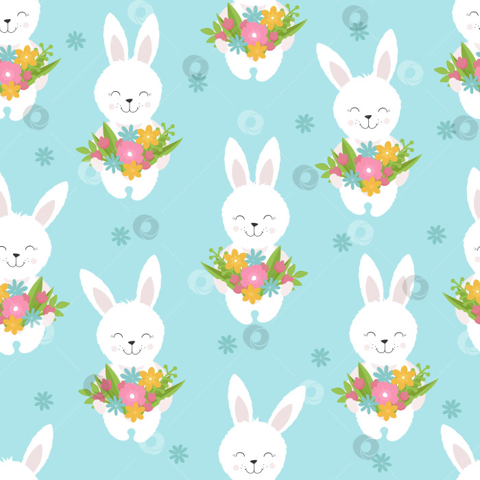 Скачать Бесшовный милый узор "улыбка кролика" с цветами. Забавный бесшовный узор на синем фоне фотосток Ozero
