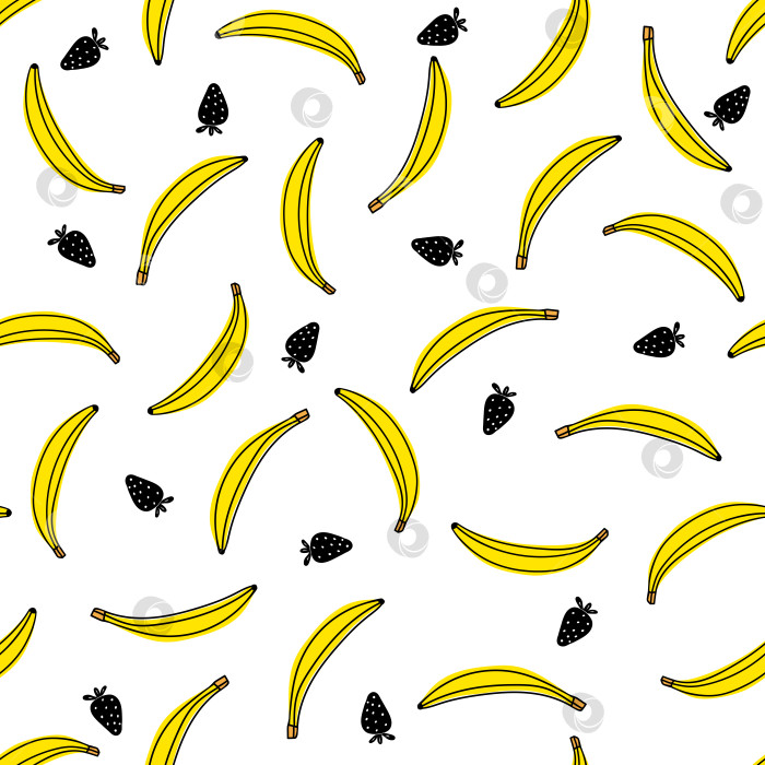 Скачать Желтые бананы с черной клубникой. Бесшовный принт на ткани. фотосток Ozero