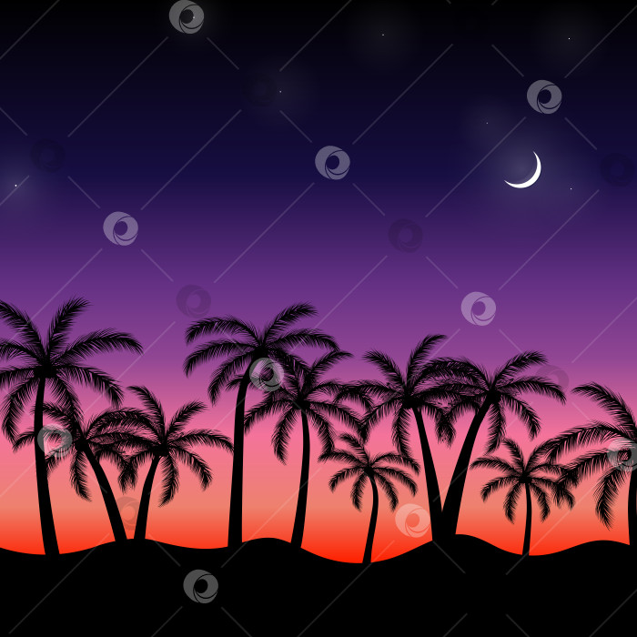 Скачать Нарисованный вручную стиль тропического ночного леса для модных тканей, обоев и всех принтов. Пальмы, луна и звезды. фотосток Ozero