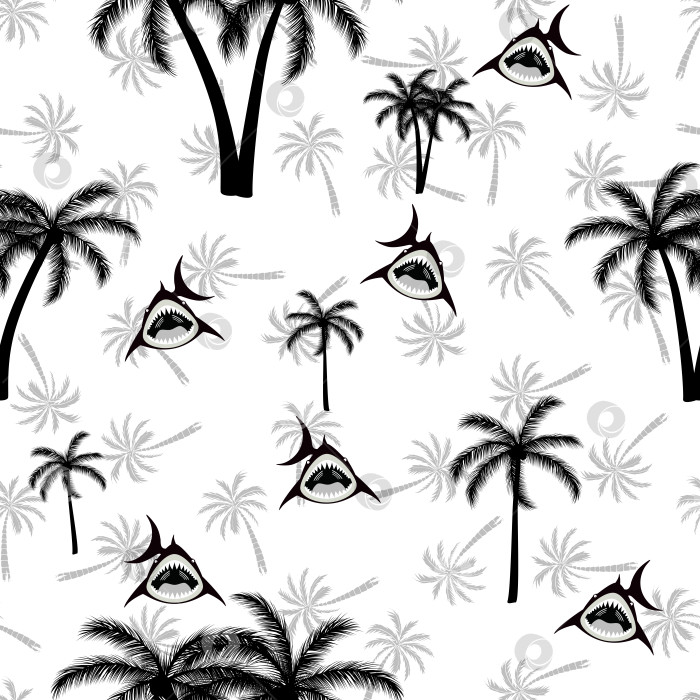Скачать Летний забавный бесшовный дизайн с рисунком. Акула в солнцезащитных очках, пальма, доска для серфинга, волна и морская раковина. фотосток Ozero