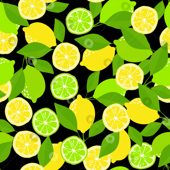 Скачать Приятный бесшовный узор. Принт с лимонами, лаймами и зелеными листьями. фотосток Ozero