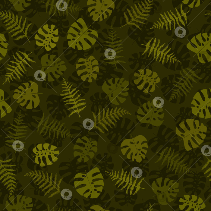 Скачать Бесшовный камуфляжный тропический узор с тропическими растениями. Принт с листьями монстеры. фотосток Ozero