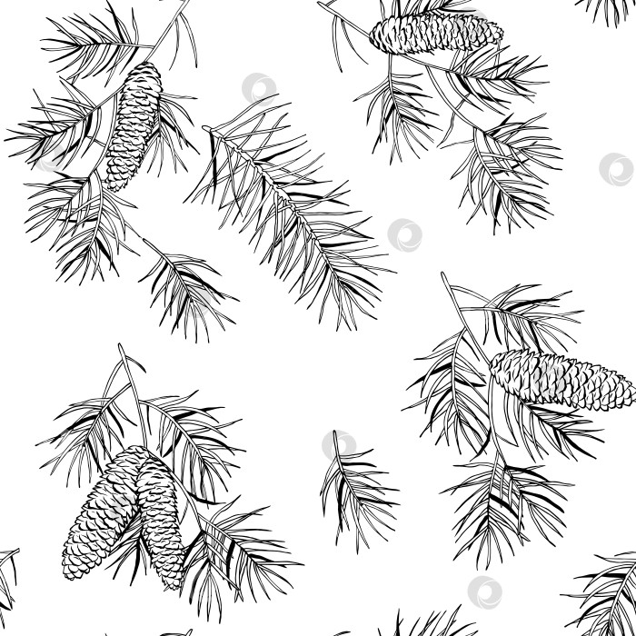 Скачать Монохромный винтажный бесшовный фон леса с ветвями и еловыми шишками, векторная иллюстрация. фотосток Ozero