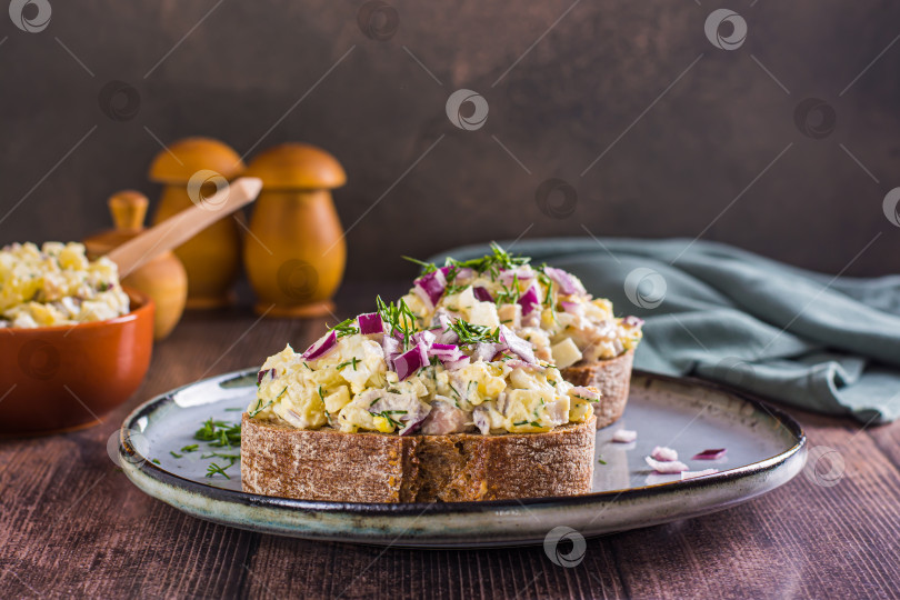 Скачать Шведский салат с анчоусами, картофелем и яйцом на ржаном хлебе на фотосток Ozero