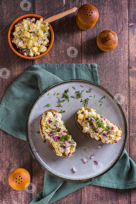 Скачать Брускетты на ржаном хлебе со шведским салатом на тарелке на столе фотосток Ozero