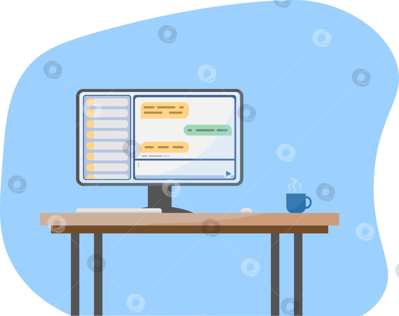 Скачать Общение на компьютере, который стоит на столе, с открытым мессенджером и кружкой кофе в векторной графике для бизнеса фотосток Ozero