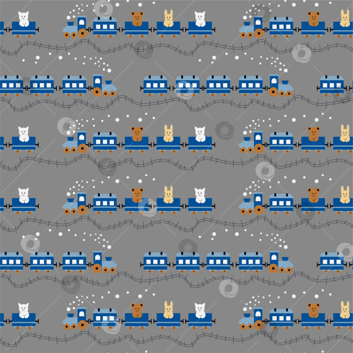 Скачать Формируйте бесшовный узор с милыми голубыми паровозиками для детей, милыми животными, едущими в железнодорожном вагоне, кошкой, медведем и зайцем, принтами с поездом фотосток Ozero