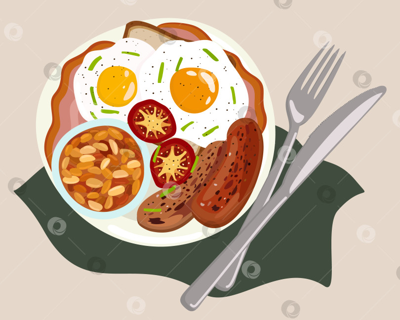Скачать Традиционный английский завтрак с жареным яйцом на тосте, беконом, помидорами-гриль, сосисками, запеченной фасолью подается на тарелке. фотосток Ozero