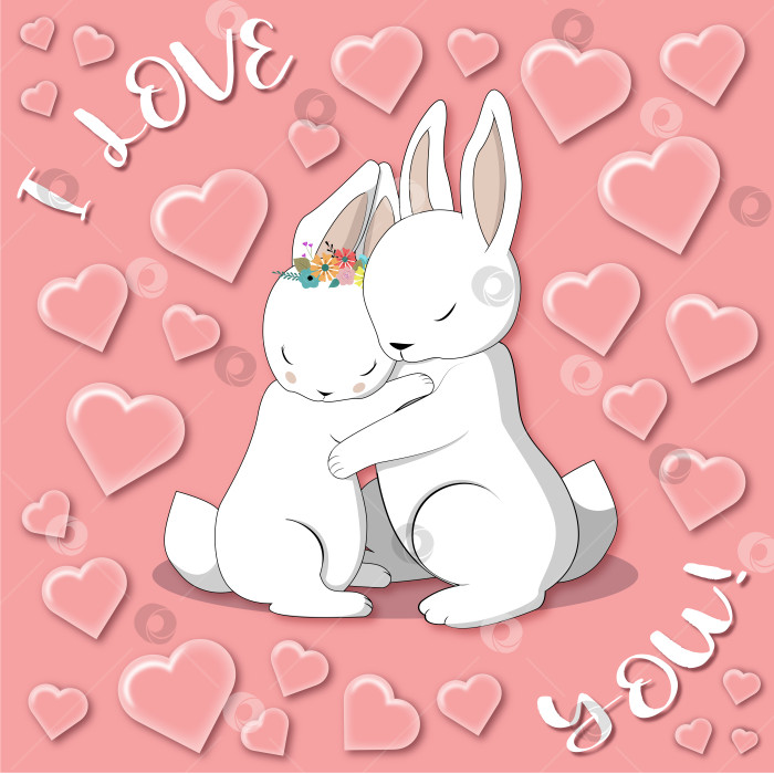 Скачать Любовная открытка с белыми кроликами. Розовый фон с объемными сердцами. Я тебя люблю. фотосток Ozero