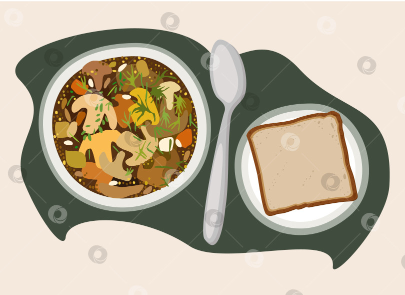 Скачать Грибной суп и кусочек хлеба на тарелке. фотосток Ozero