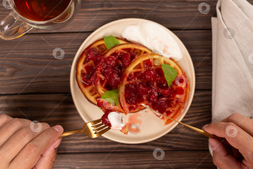 Скачать Порция венских вафель на тарелке с клубничным джемом и фотосток Ozero