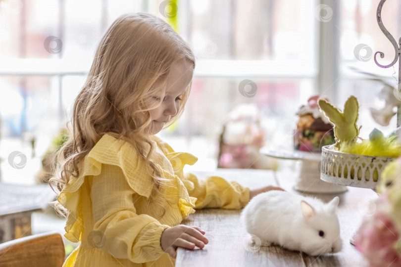 Скачать Маленькая светловолосая девочка в желтом платье сидит за праздничным пасхальным столом с кроликами.Младенец и кролик. Концепция Пасхи.Пасха за столом. Христианская традиция. фотосток Ozero
