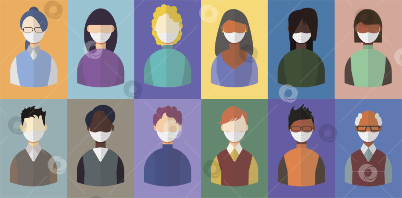 Скачать Минималистичные изображения людей в белых медицинских масках, значок женского и мужского лиц, набор из 12 изображений разного цвета кожи фотосток Ozero