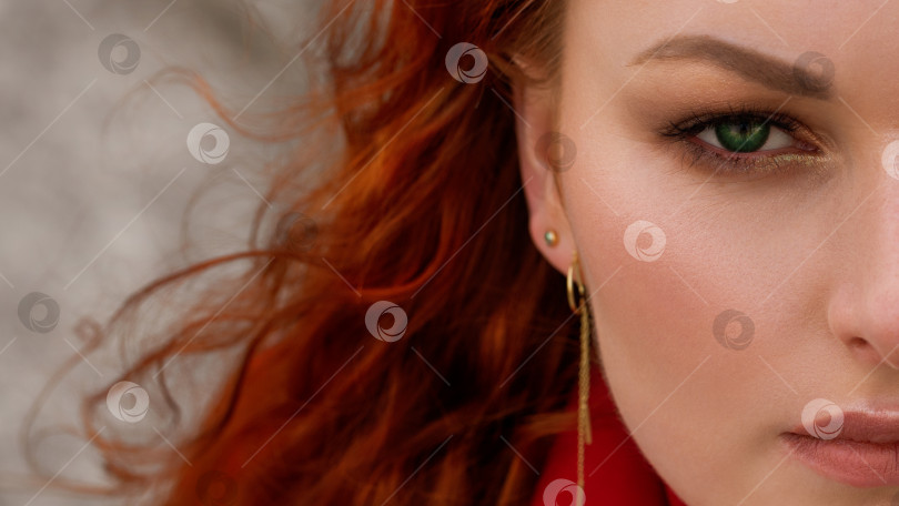 Скачать портрет рыжеволосой женщины с ярким макияжем и зелеными глазами фотосток Ozero
