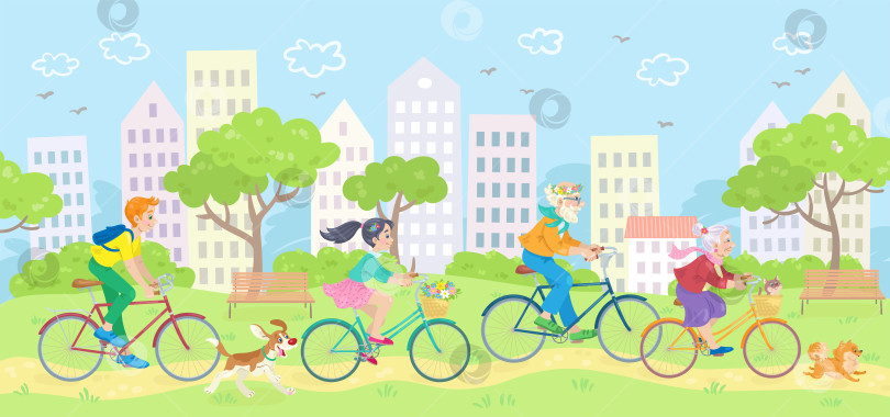Скачать Счастливые люди на прогулке. Дружная семья катается на велосипедах со своими питомцами в городском парке. фотосток Ozero