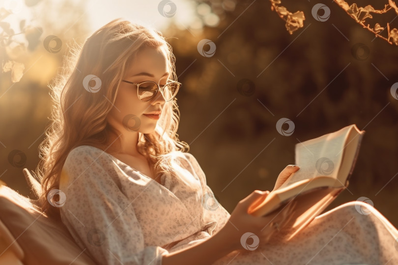 Скачать Молодая женщина, погруженная в книгу, наслаждается и греется на солнце. Информационная детоксикация. Порождающий искусственный интеллект фотосток Ozero