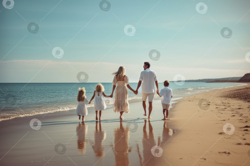 Скачать счастливая семья прогуливается по пляжу, держась за руки. вид сзади фотосток Ozero
