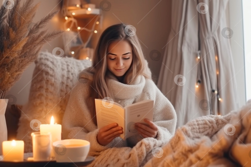 Скачать Молодая женщина, укрытая теплым мягким пледом, читает книгу при свечах. Спокойный, комфортный образ жизни. Хюгге фотосток Ozero