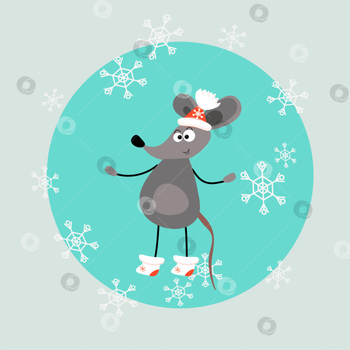 Скачать Забавный мышонок в зимней шапке и сапогах. Персонаж представляет собой милое животное на зеленом фоне. для печати на открытках, шрамах, плакатах. Мультяшная серая крыса и снежинки фотосток Ozero