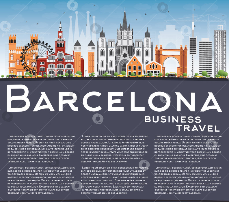 Скачать Горизонт Барселоны с цветными зданиями, голубым небом и отражениями фотосток Ozero