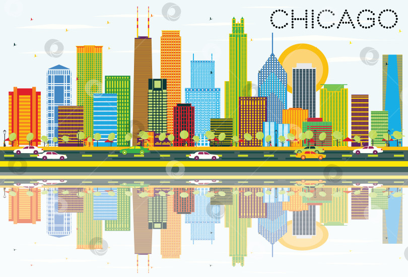 Скачать Горизонт Чикаго с цветными зданиями и отражениями. фотосток Ozero