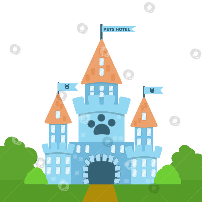 Скачать Мультяшный замок с флагами и портретами домашних животных. Синее здание со следами животных. Хороший отель для домашних животных фотосток Ozero