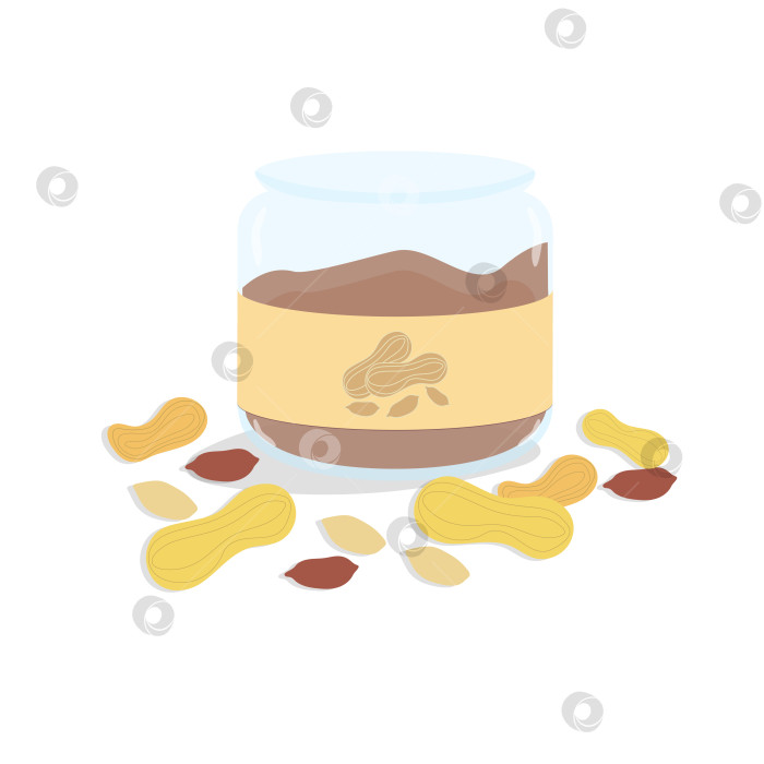 Скачать Стеклянная банка, наполненная арахисовым маслом. Векторная иллюстрация еды в мультяшном стиле. Открыла банку и посыпала арахисом фотосток Ozero