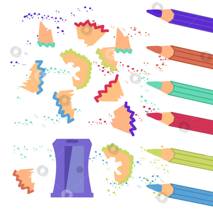 Скачать Цветные карандаши, точилка и стружка. Простая векторная иллюстрация о школе. фотосток Ozero