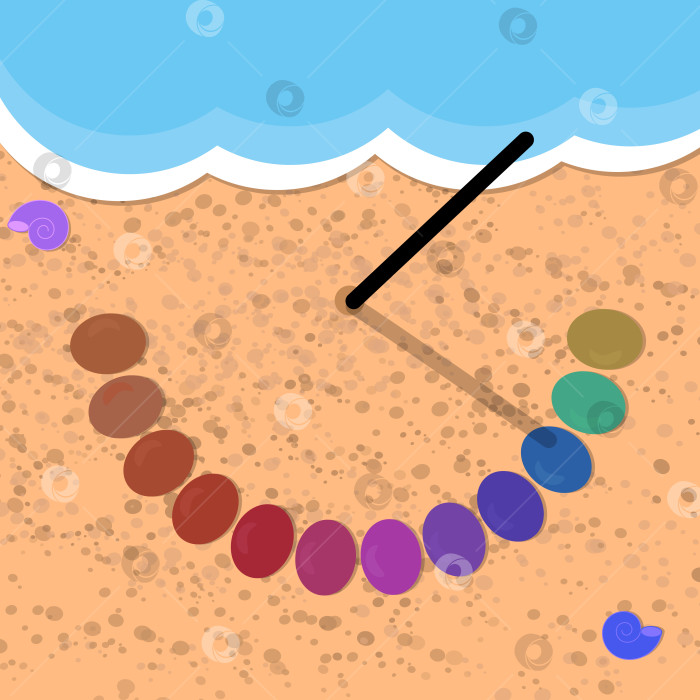 Скачать Векторная иллюстрация простых солнечных часов на берегу моря. Волшебная палочка и радужные камни. Песок и волны. фотосток Ozero